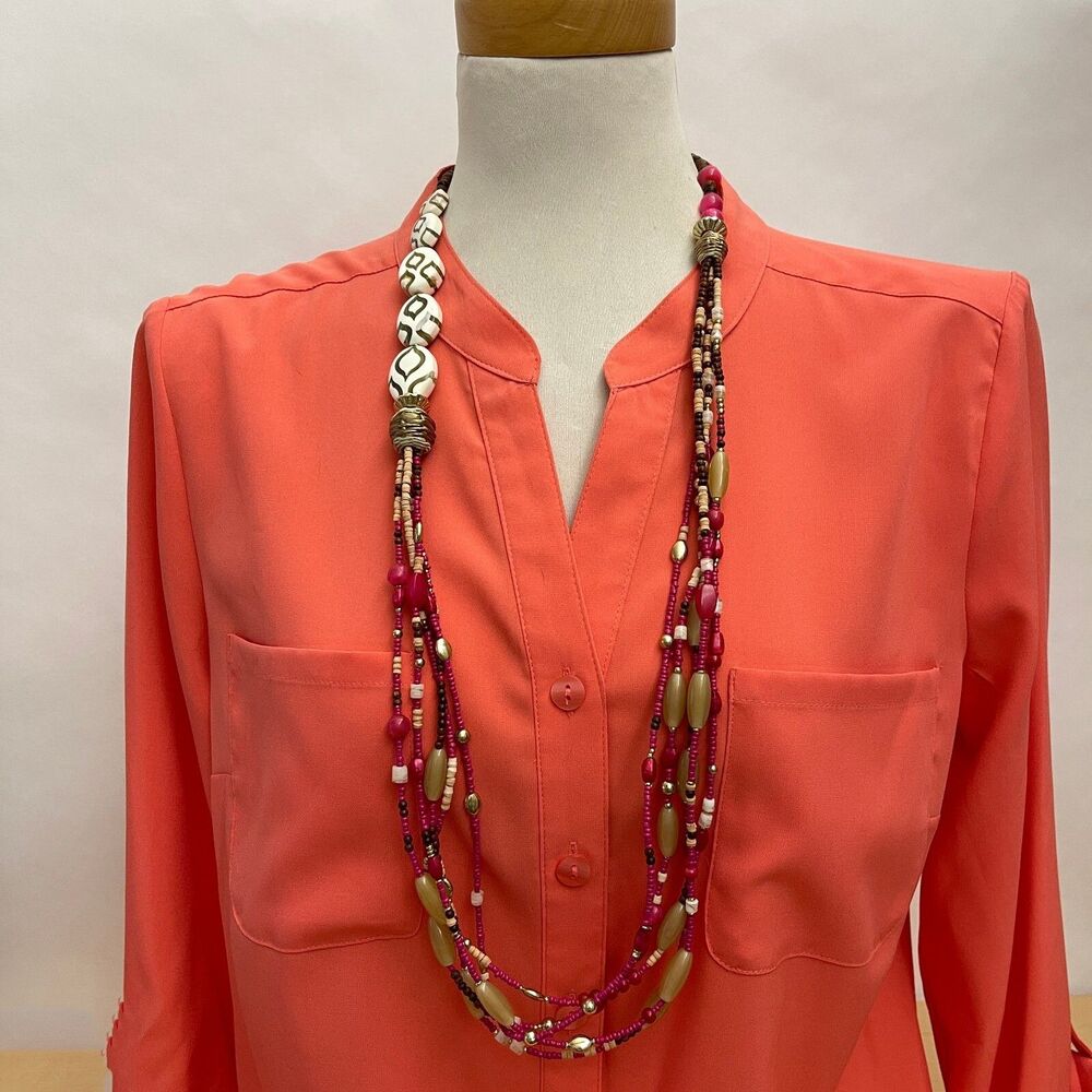 Chico's White Gold Pink Brown Beige Beaded‎ Women's Fashion Necklace NWT